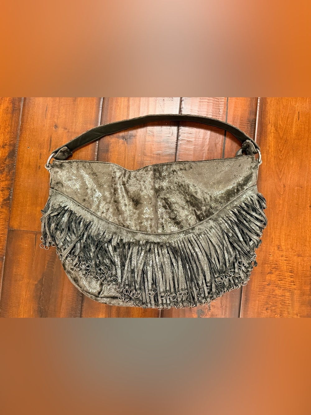 Fringe Hobo Shoulder Bag in Metallic Gray